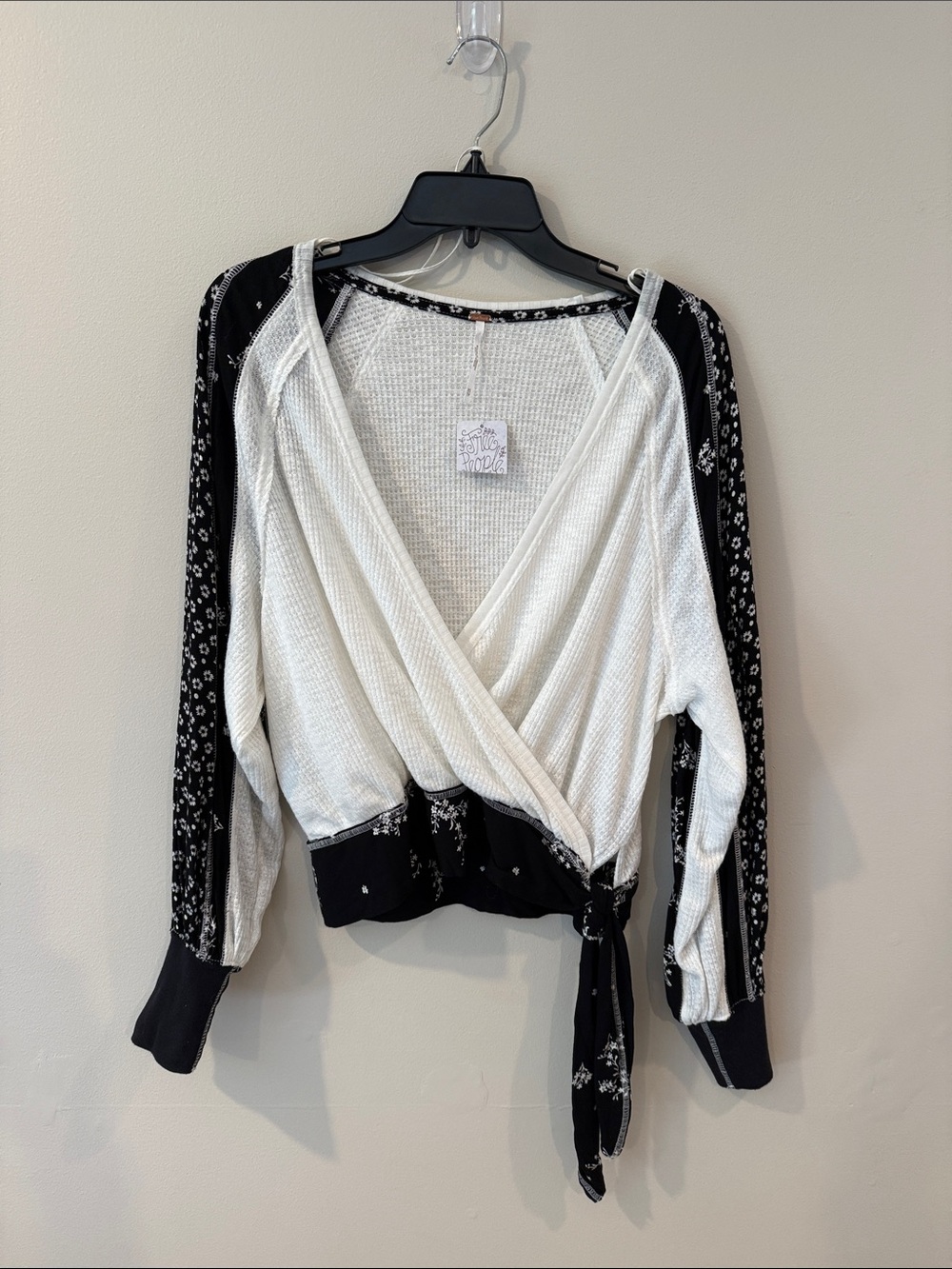 Free People White Wrap Top with Black Floral Sleeves